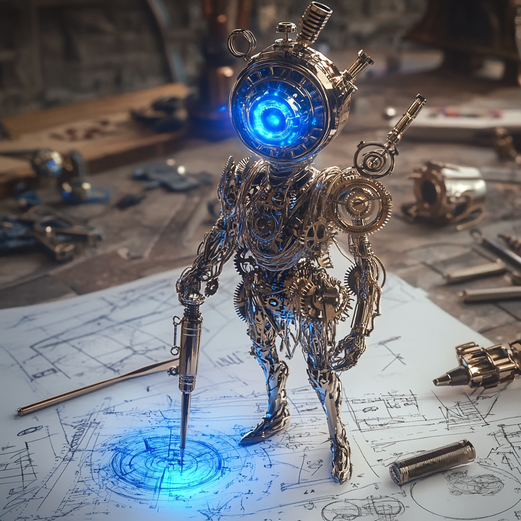 Sentient blueprint pen character with gears and glowing ink.