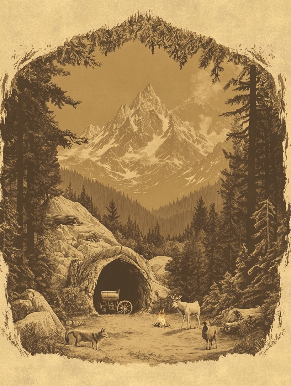 Sepia poster for mining company with Yggdrassil, mountain, animals.