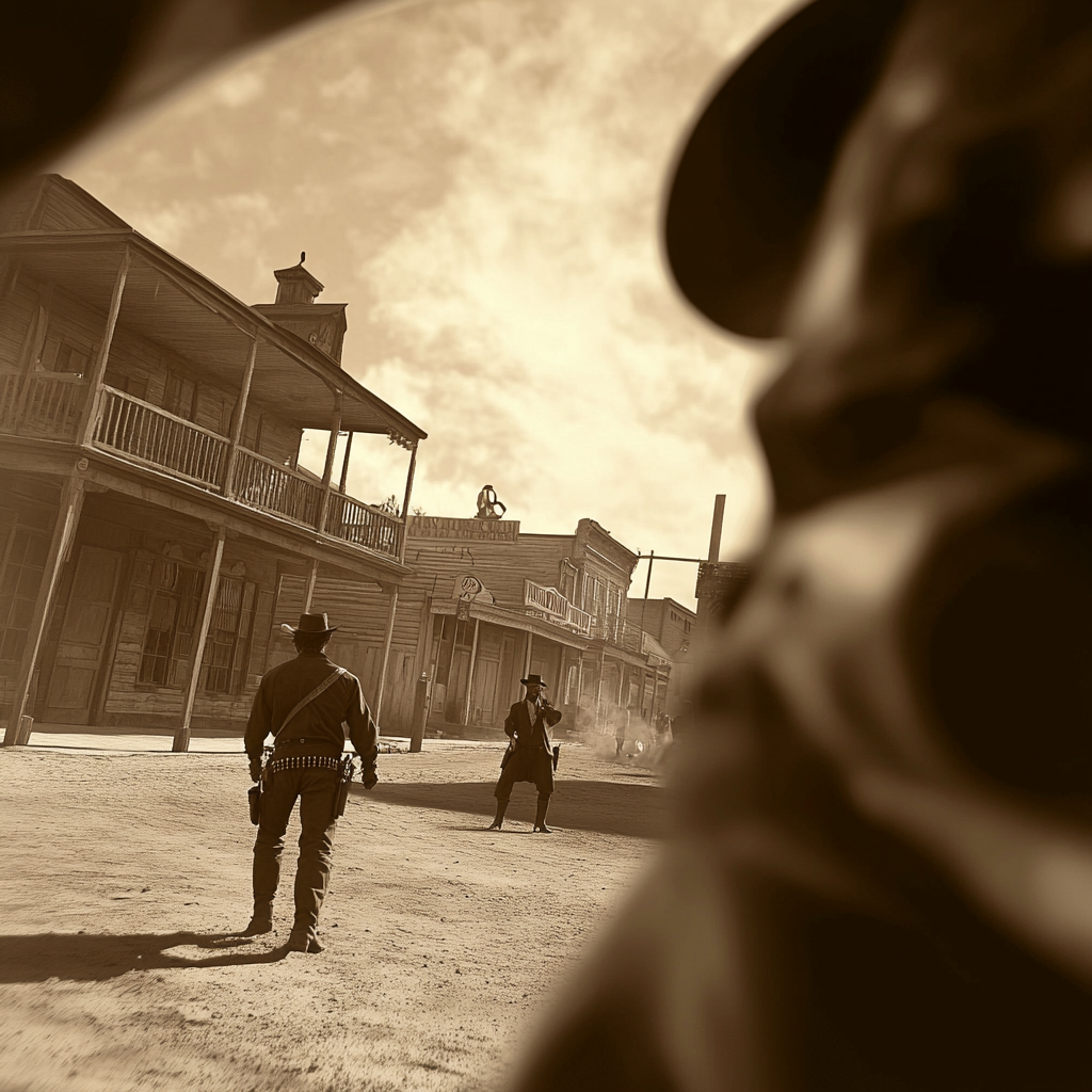 Sepia-tone gunfighters face off in Wild West town.