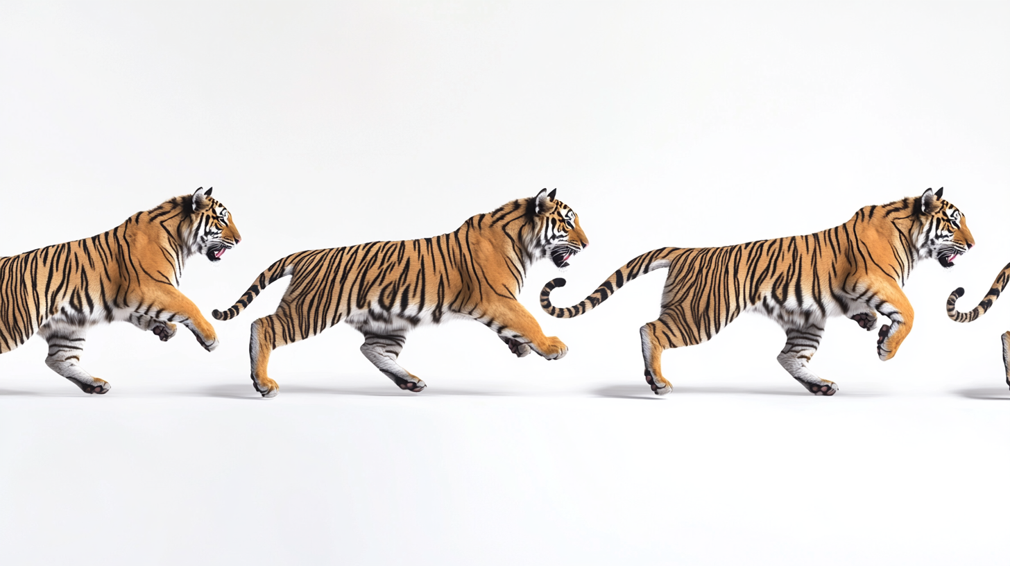 Sequence frames of tiger running in fluid motion.