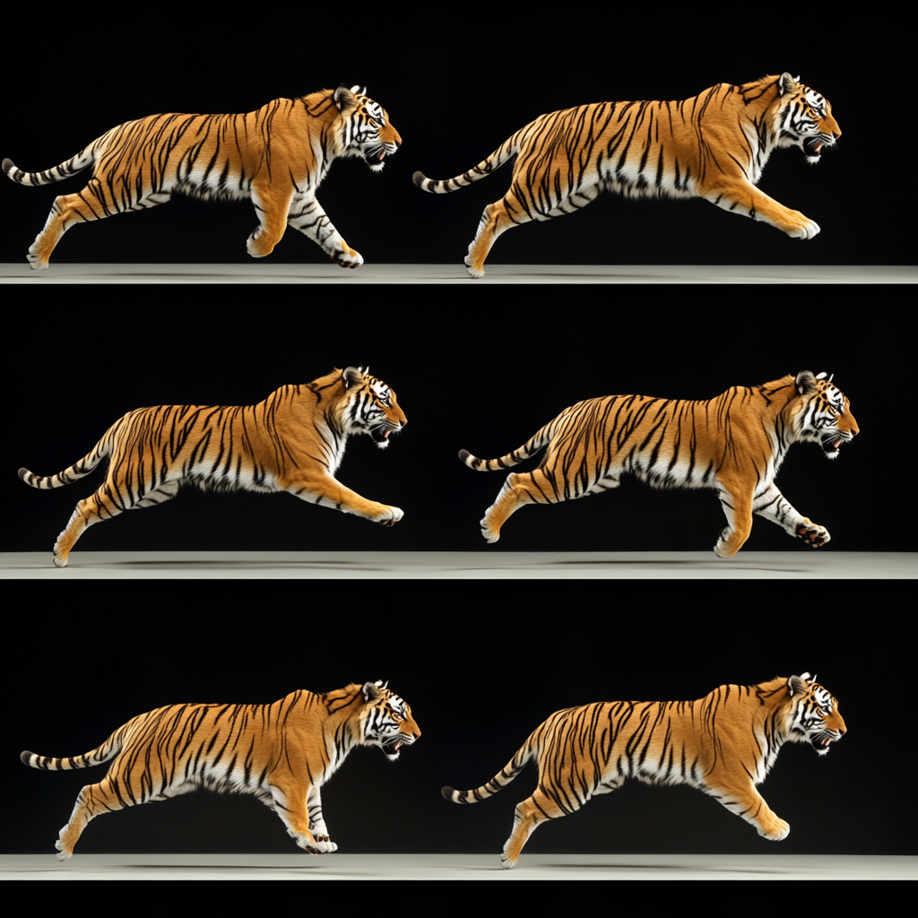 Sequence of tiger running in fluid motion stride profile.