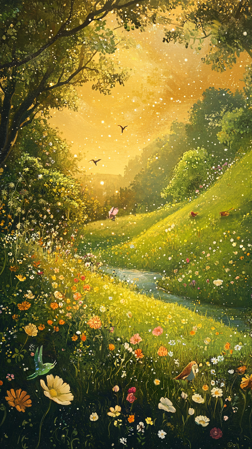 Serene, sunlit meadow with playful creatures and gentle faeries.