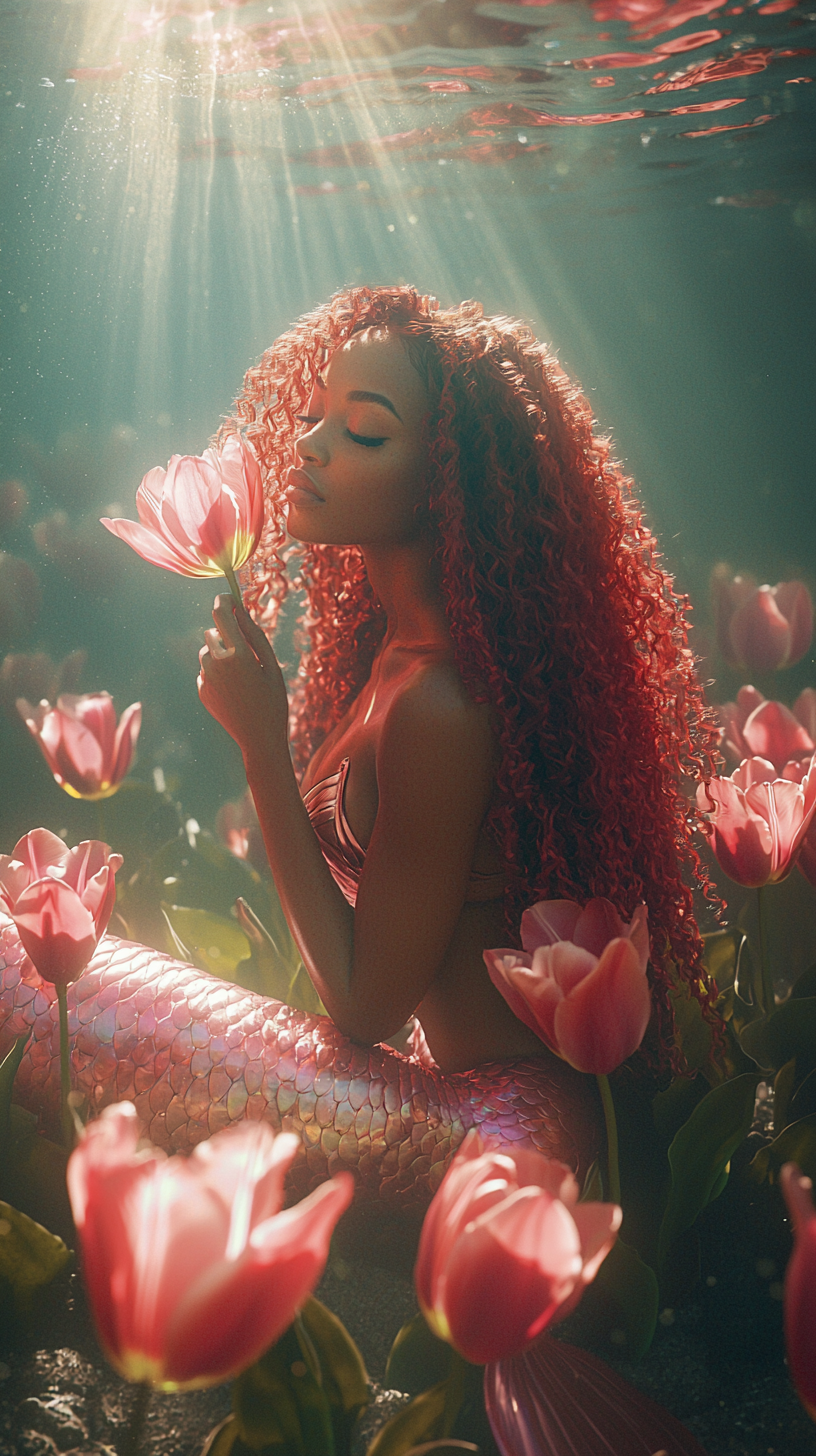 Serene African American mermaid surrounded by pink tulips