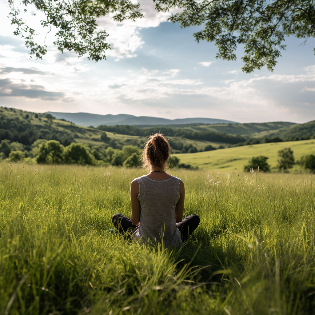 Serene Countryside Meditation Scene surrounded by Nature