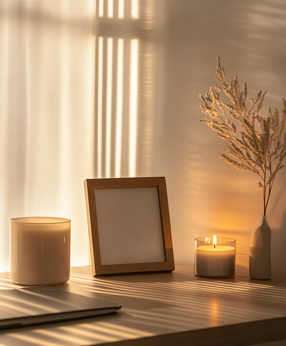 Serene Home Office Desk with Candlelight