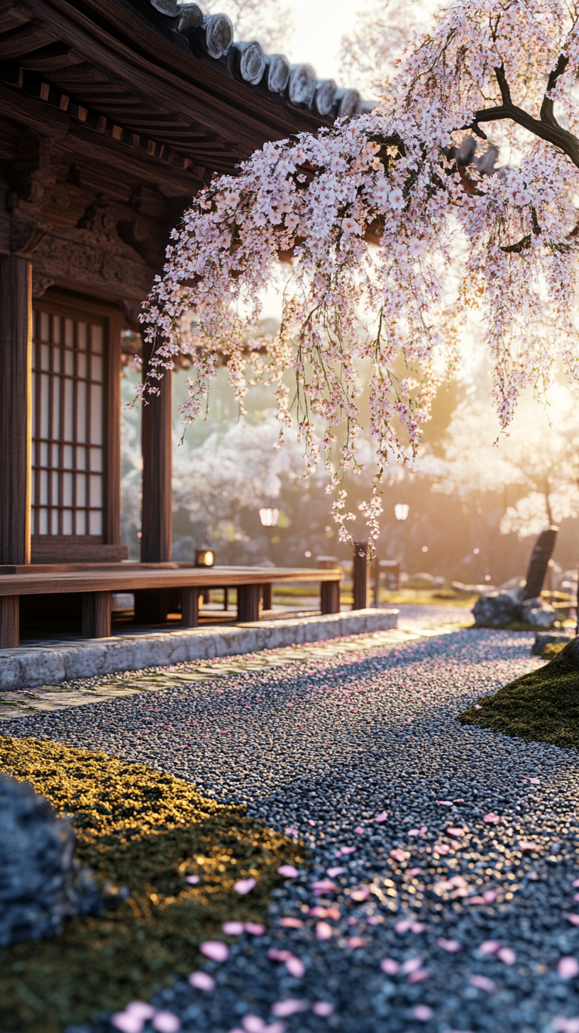 Serene Japanese Zen Temple Garden with Cherry Blossoms