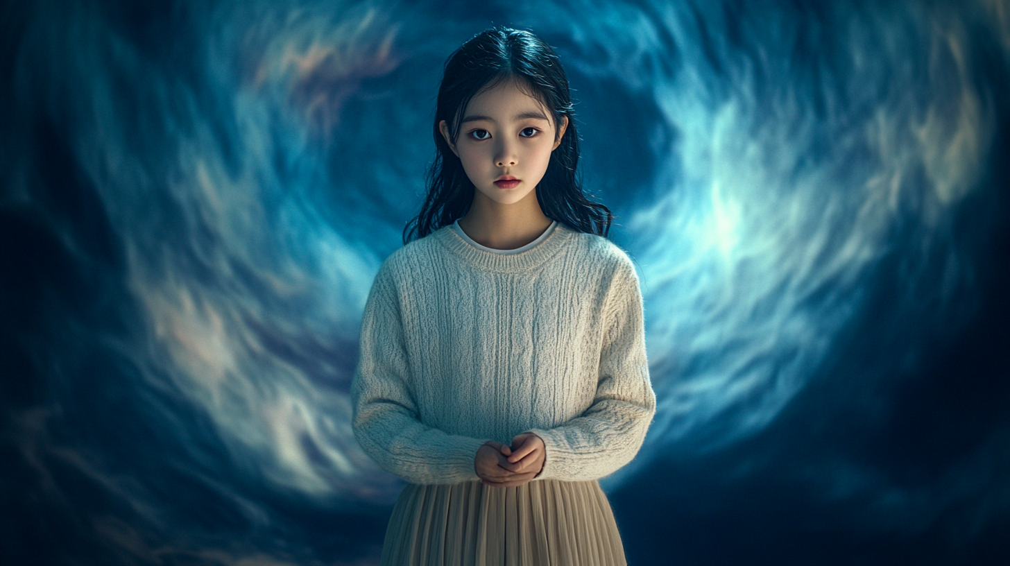 Serene Korean girl in mystical dreamlike setting.