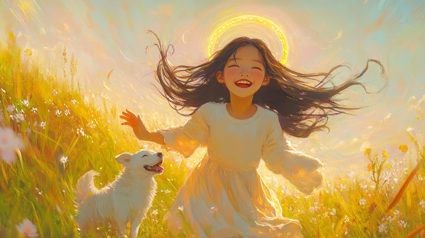 Serene Korean girl playing with dog in field.