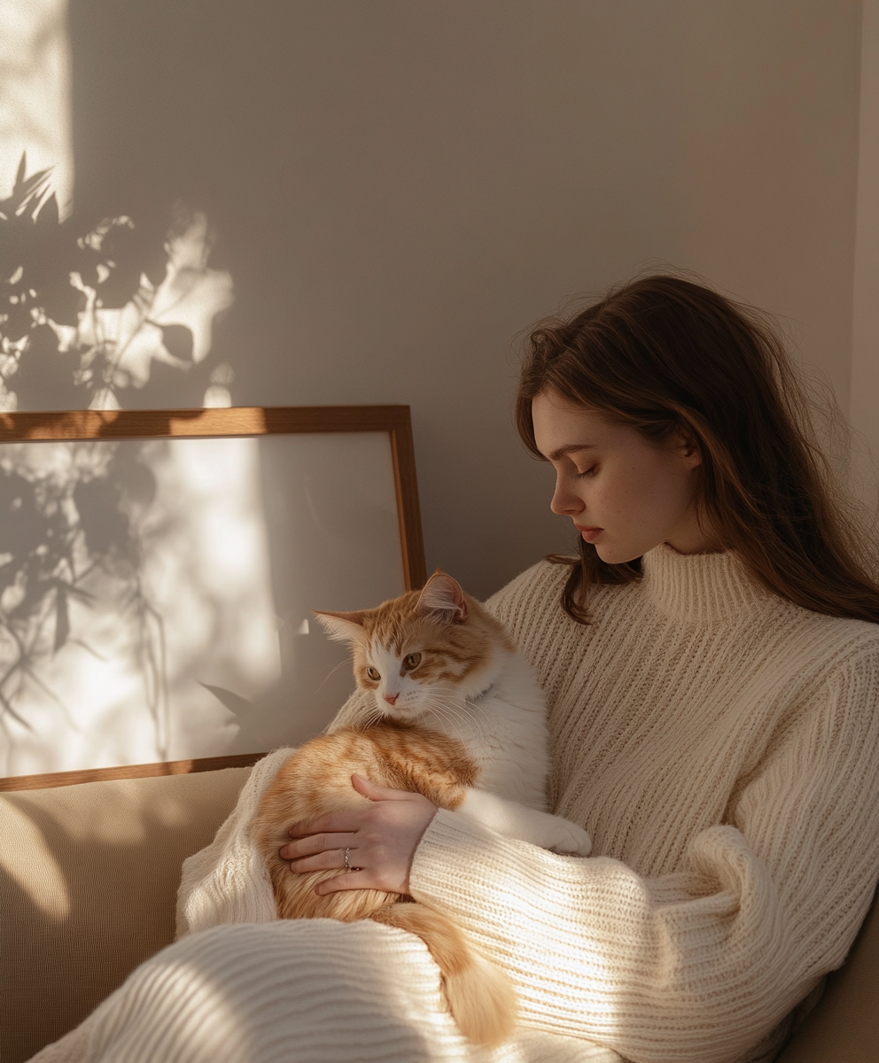 Serene Moment: Woman Holding Red Cat on Sofa