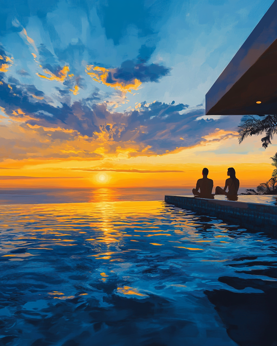 Serene Sunset Infinity Pool Overlooking Ocean Scene