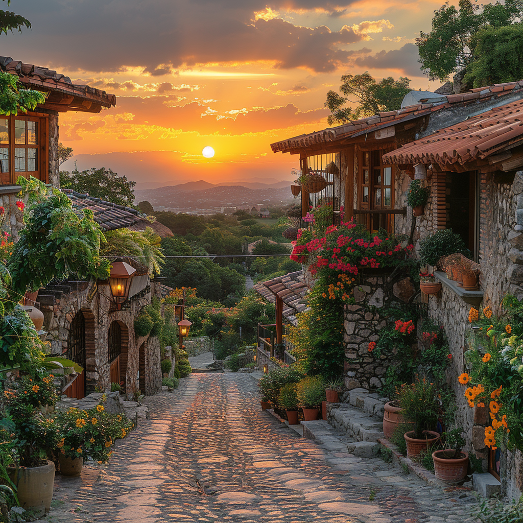 Serene Sunset Rural Mexican Village Cobblestone Streets