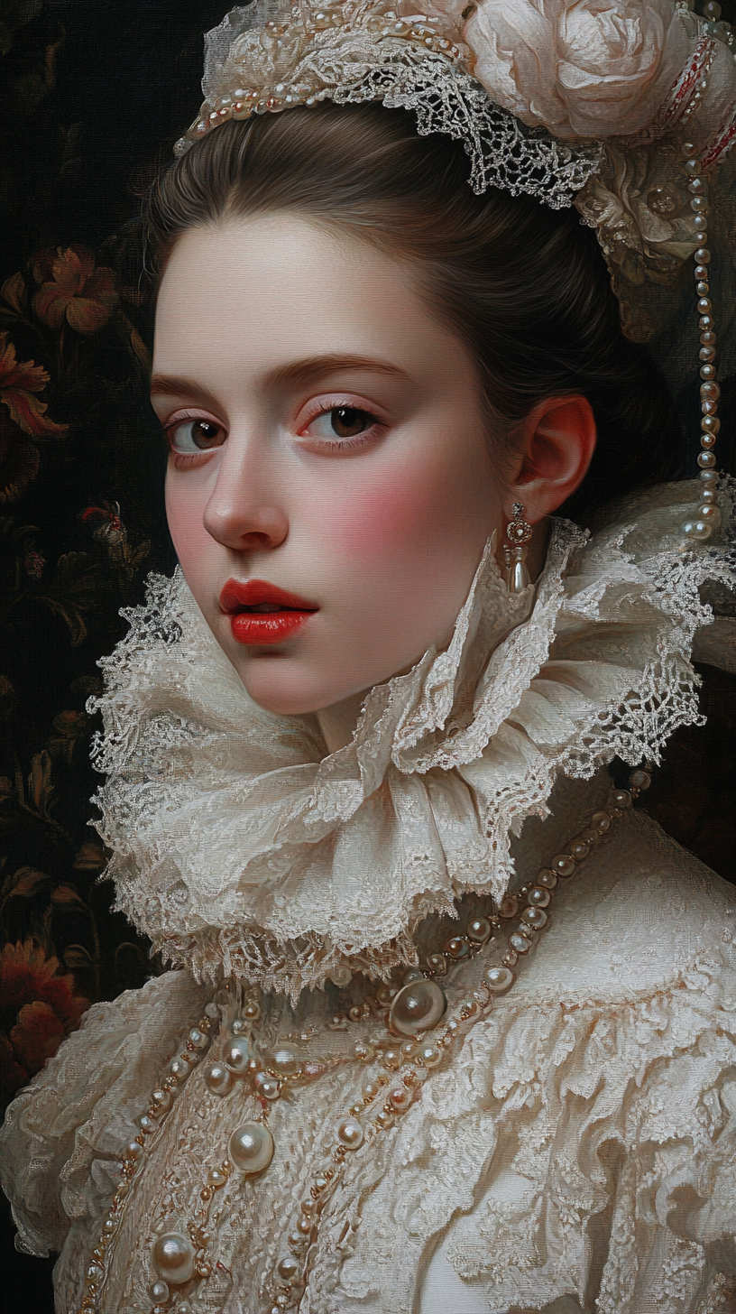 Serene Woman in Baroque Attire with Pearls Portrait