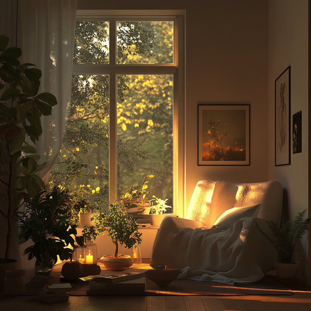 Serene album cover with cozy, comforting environment 