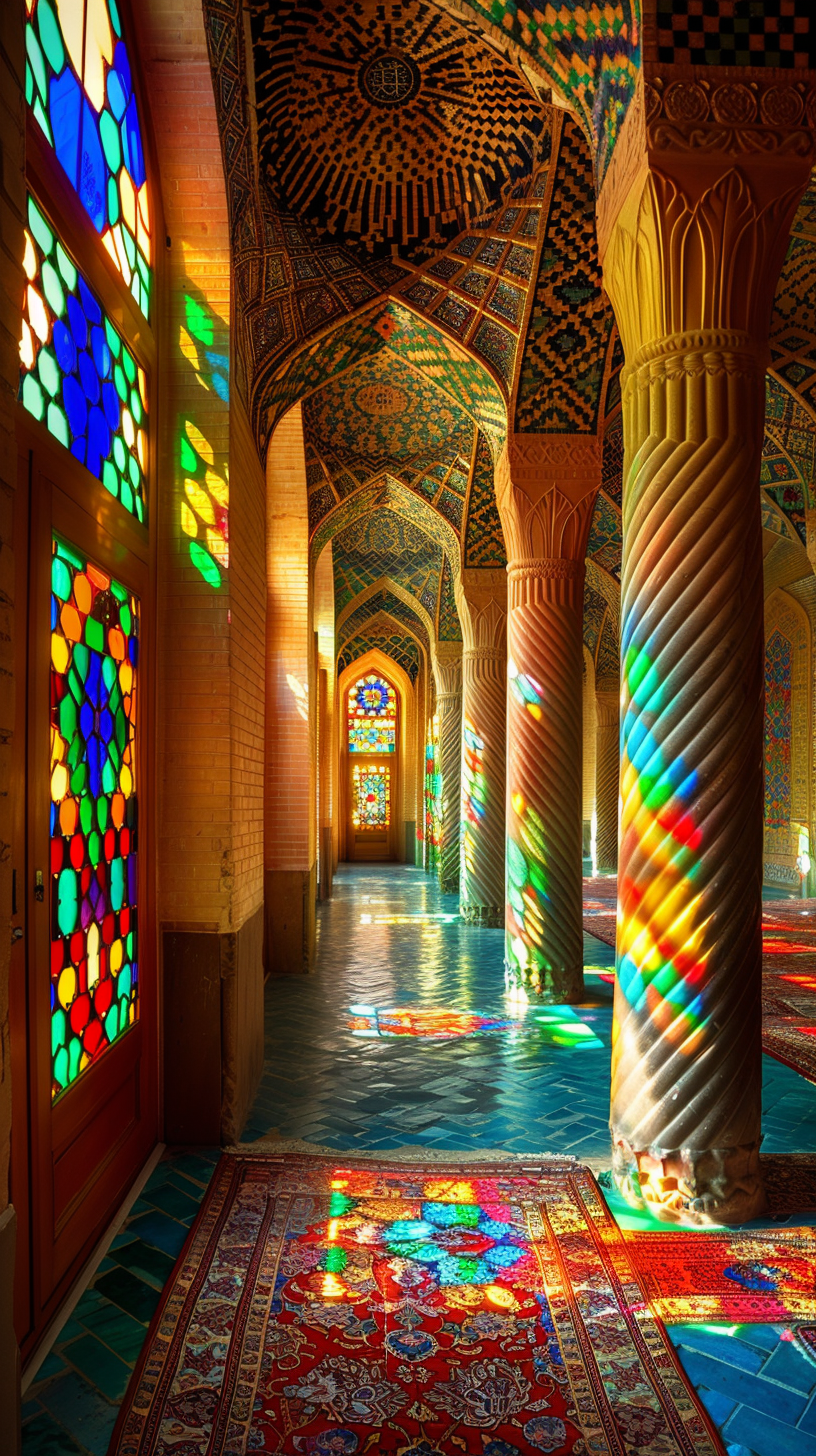 Serene and majestic hallway with colorful stained-glass windows.