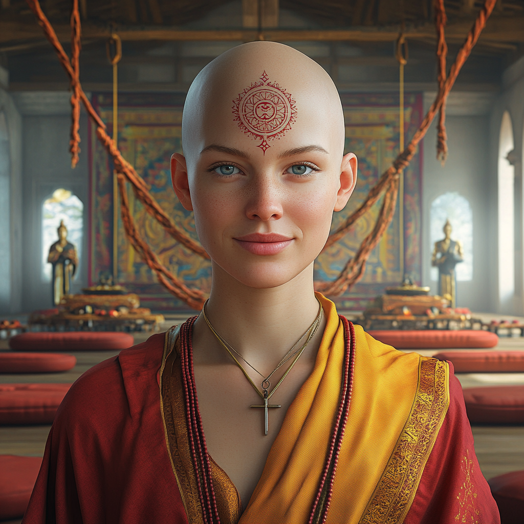 Serene bald woman in monk robes with mandala tattoo