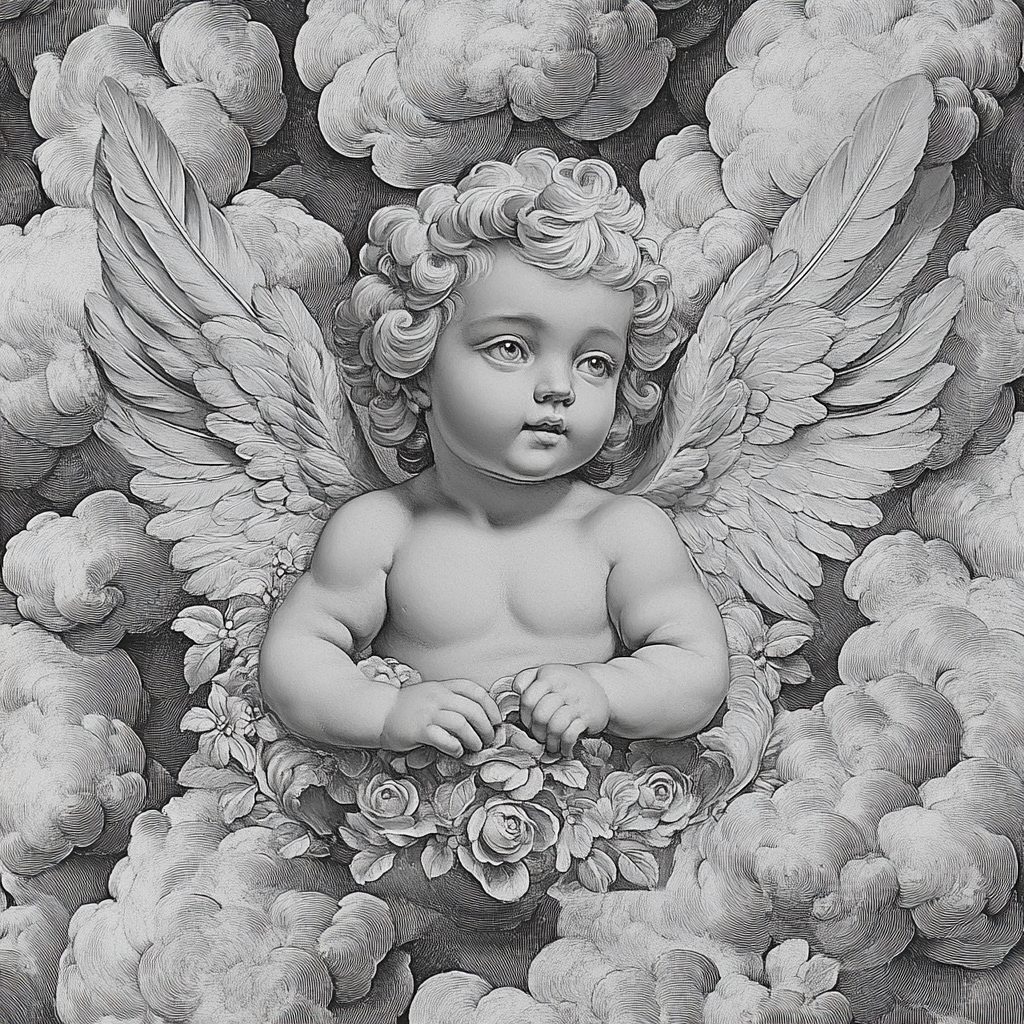 Serene cherub framed by ornate details in monochrome