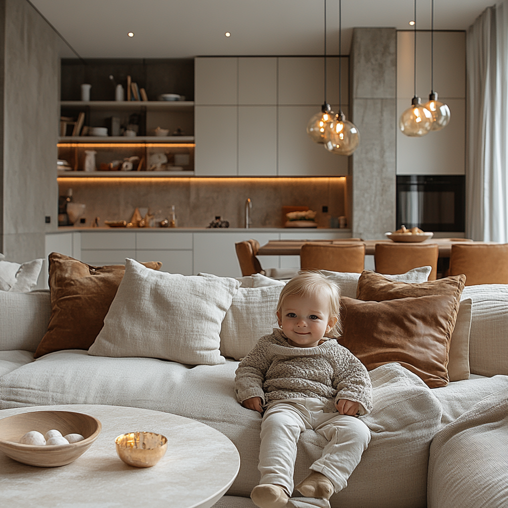 Serene child playing in cozy, modern living room