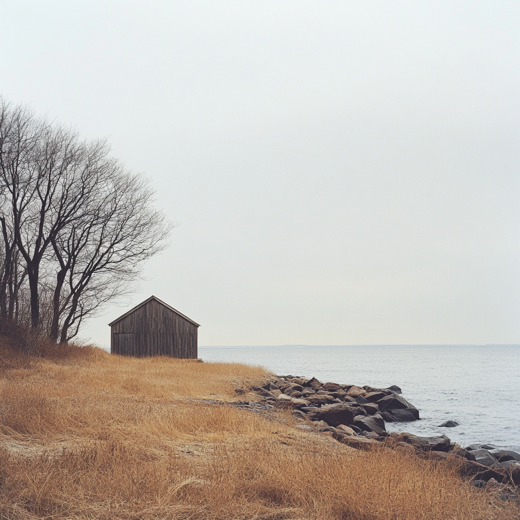 Serene coastal landscape with wooden hut, rocky shoreline, calm sea.