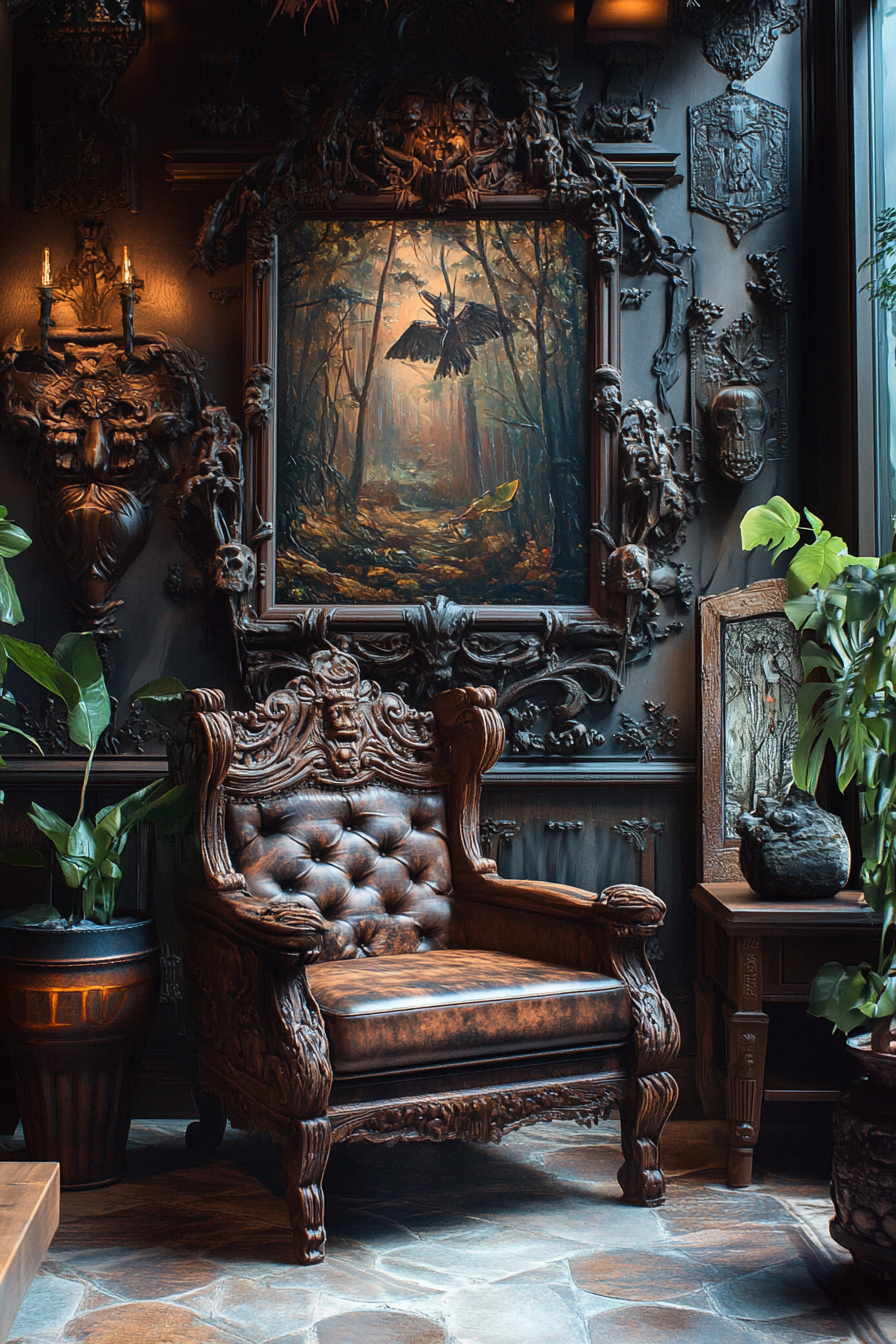 Serene forest-themed sitting area with gothic decor.