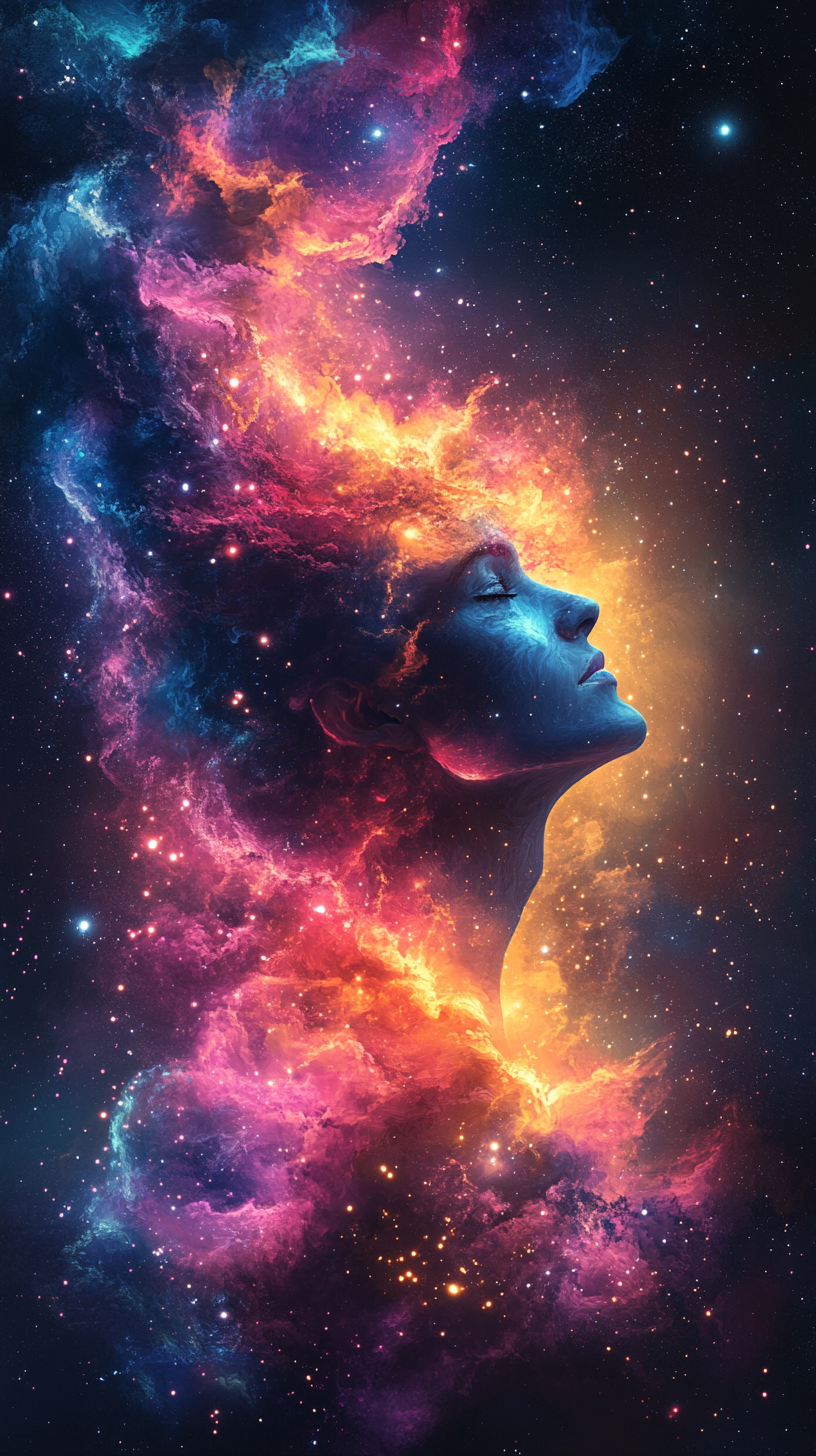 Serene person with swirling cosmic colors, night sky backdrop.