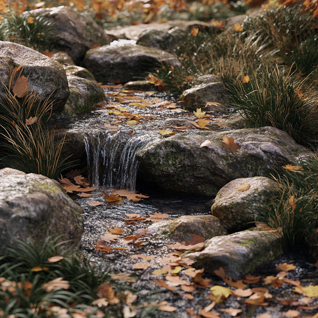 Serene stream with rocks, leaves, grass. Nature scene.