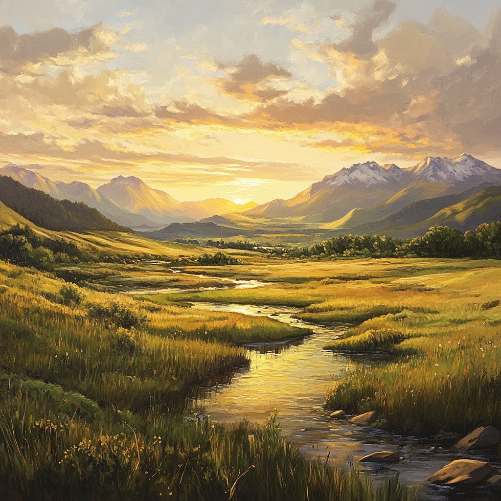 Serene sunrise landscape with glowing valley and mountains.