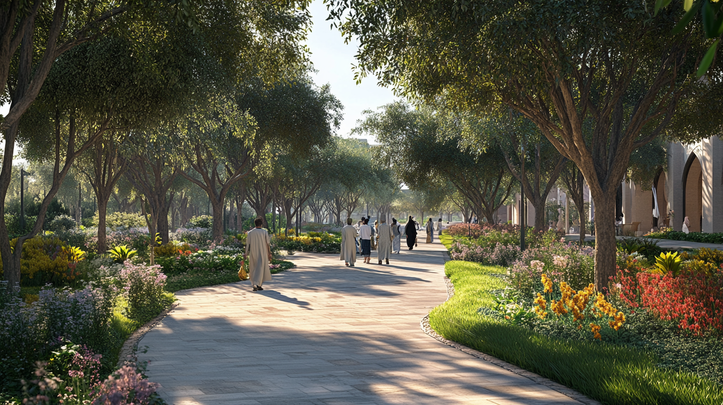 Serene walk in Abu Dhabi with cultural, eco-friendly elements.