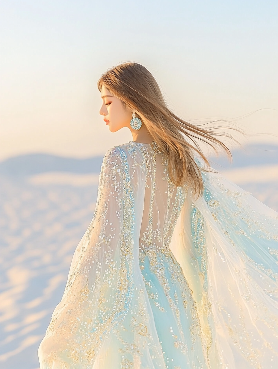 Serene woman in gold and blue, surrounded by sand.