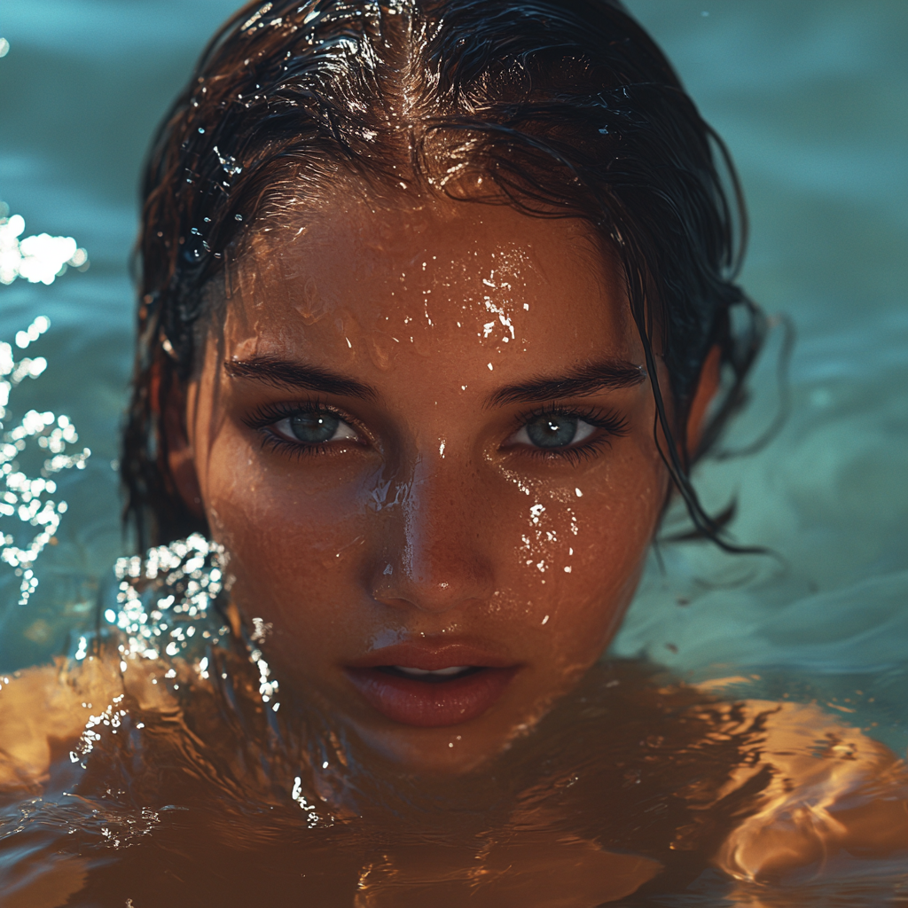 Serene woman rising from water in natural light