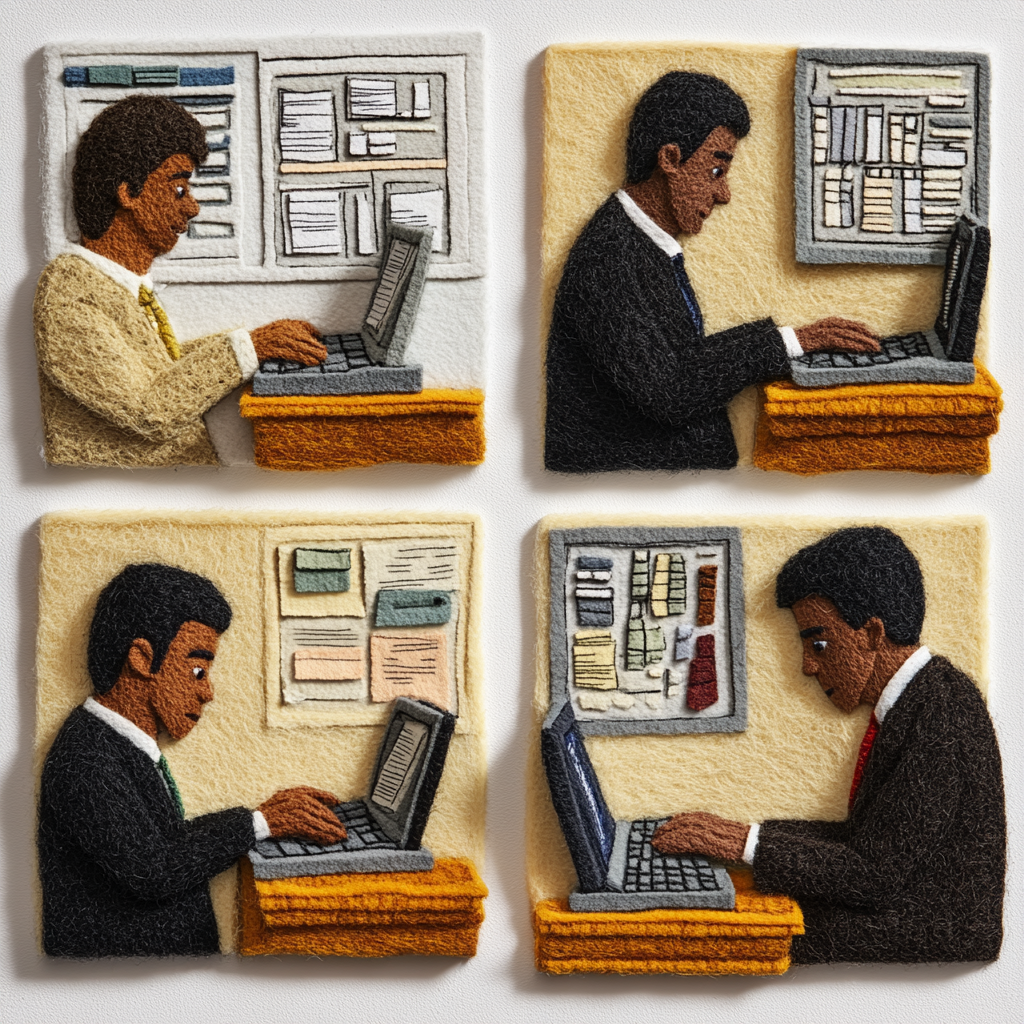 Series of felt art pieces depicting brown-skinned office worker.