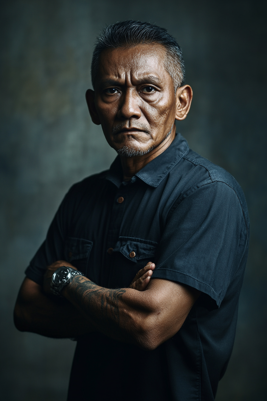 Serious, determined Malay man with folded arms, 60yo.