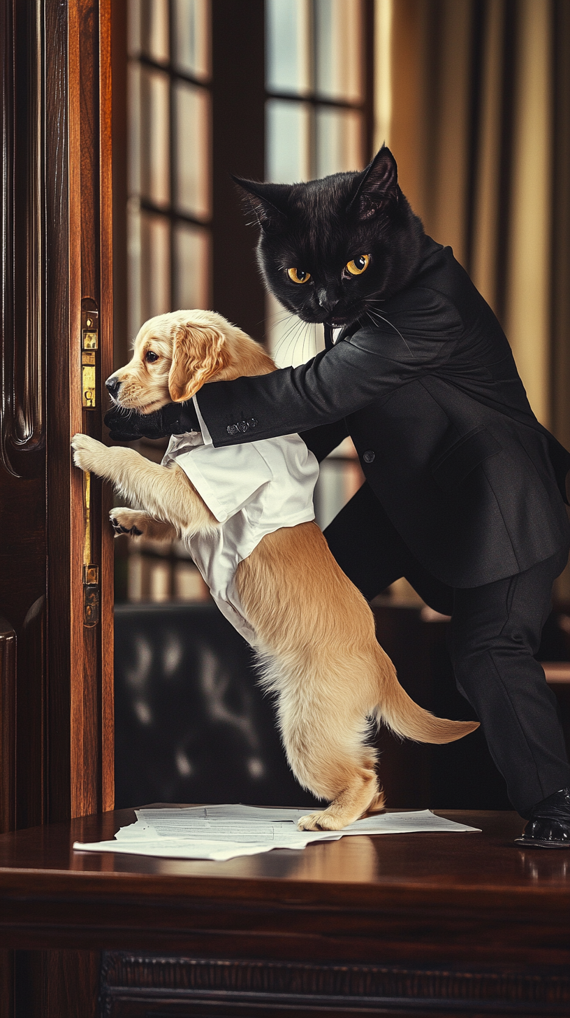 Serious Black Cat Fires Innocent Puppy from Office.