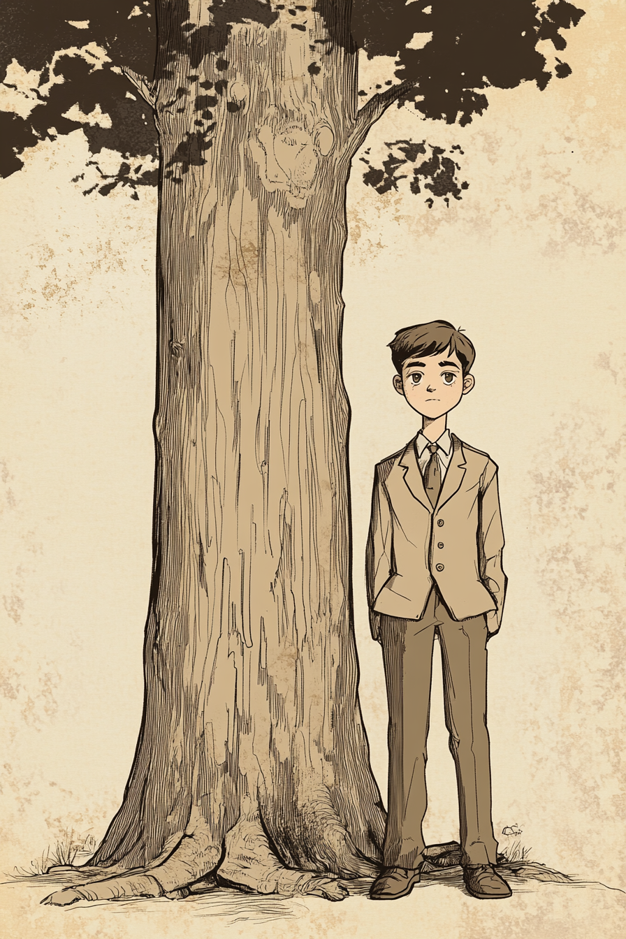 Serious Boy and Large Tree in Anime Style