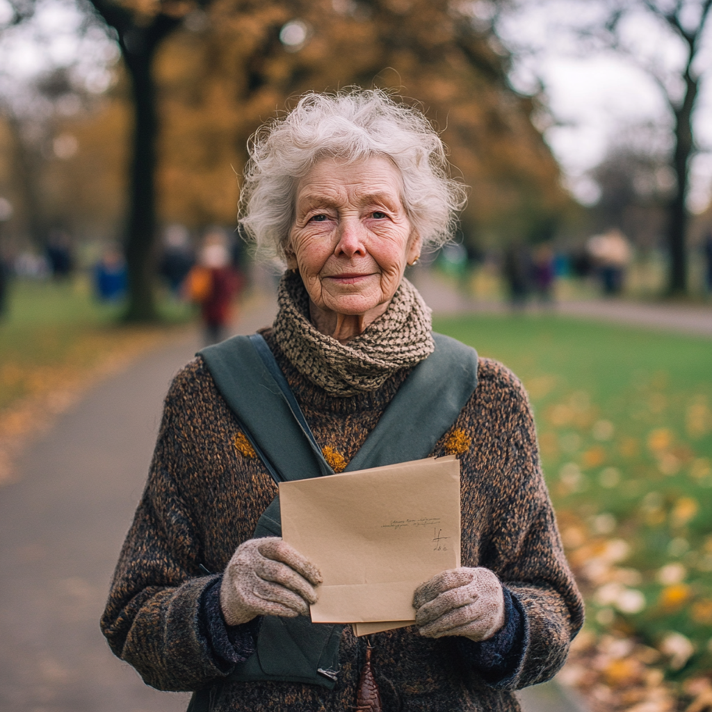 Serious Elderly Woman with Envelope in Park