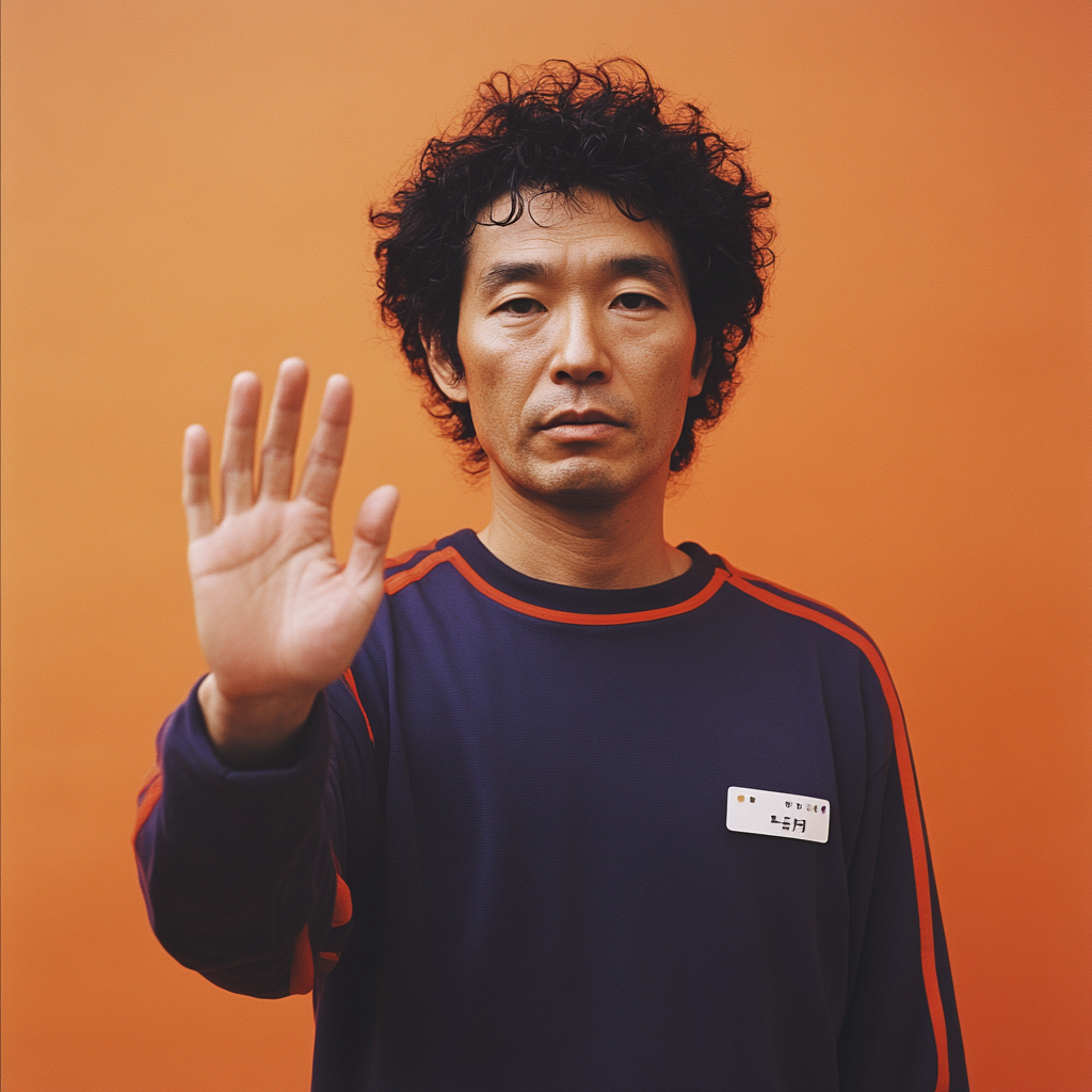 Serious Japanese Man Pointing Hand at Camera in Portrait