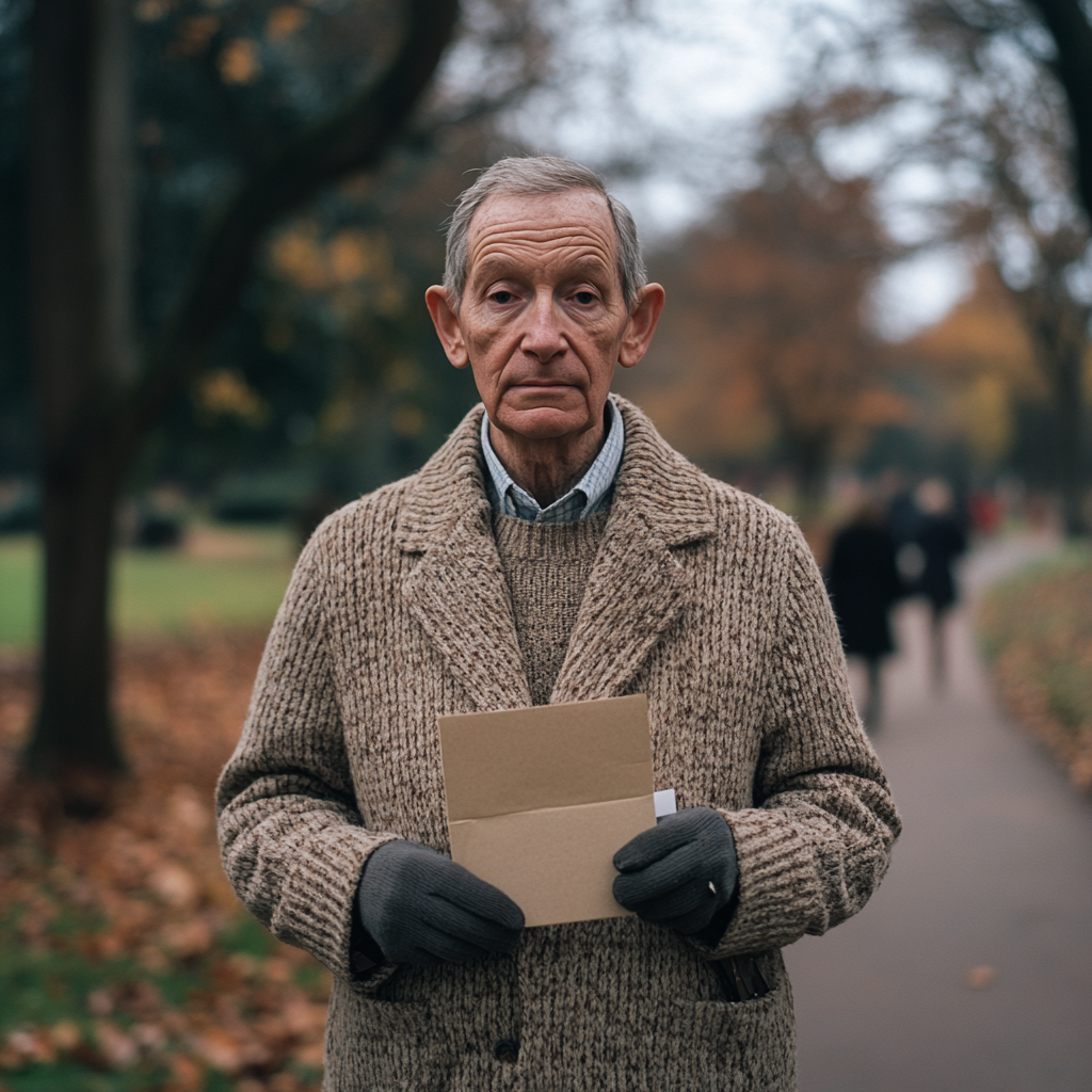 Serious Man Holds Envelope in Park