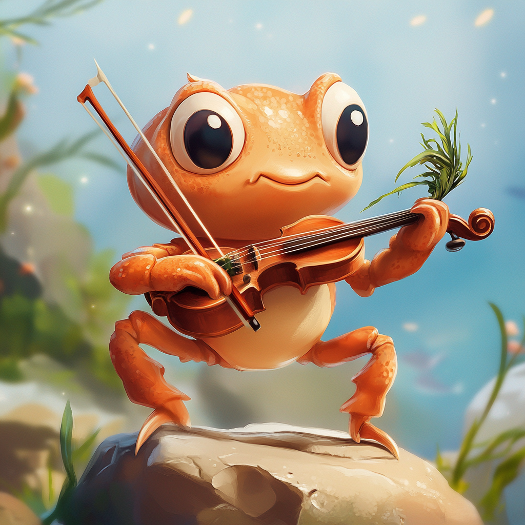 Serious baby crab playing tiny seaweed violin - Fishdom-style