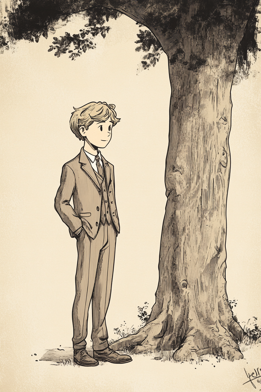 Serious boy in classic suit standing by tree.