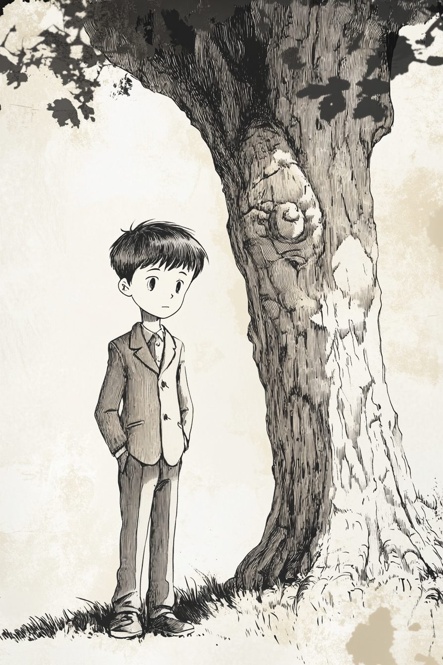 Serious boy in oversized suit next to large tree