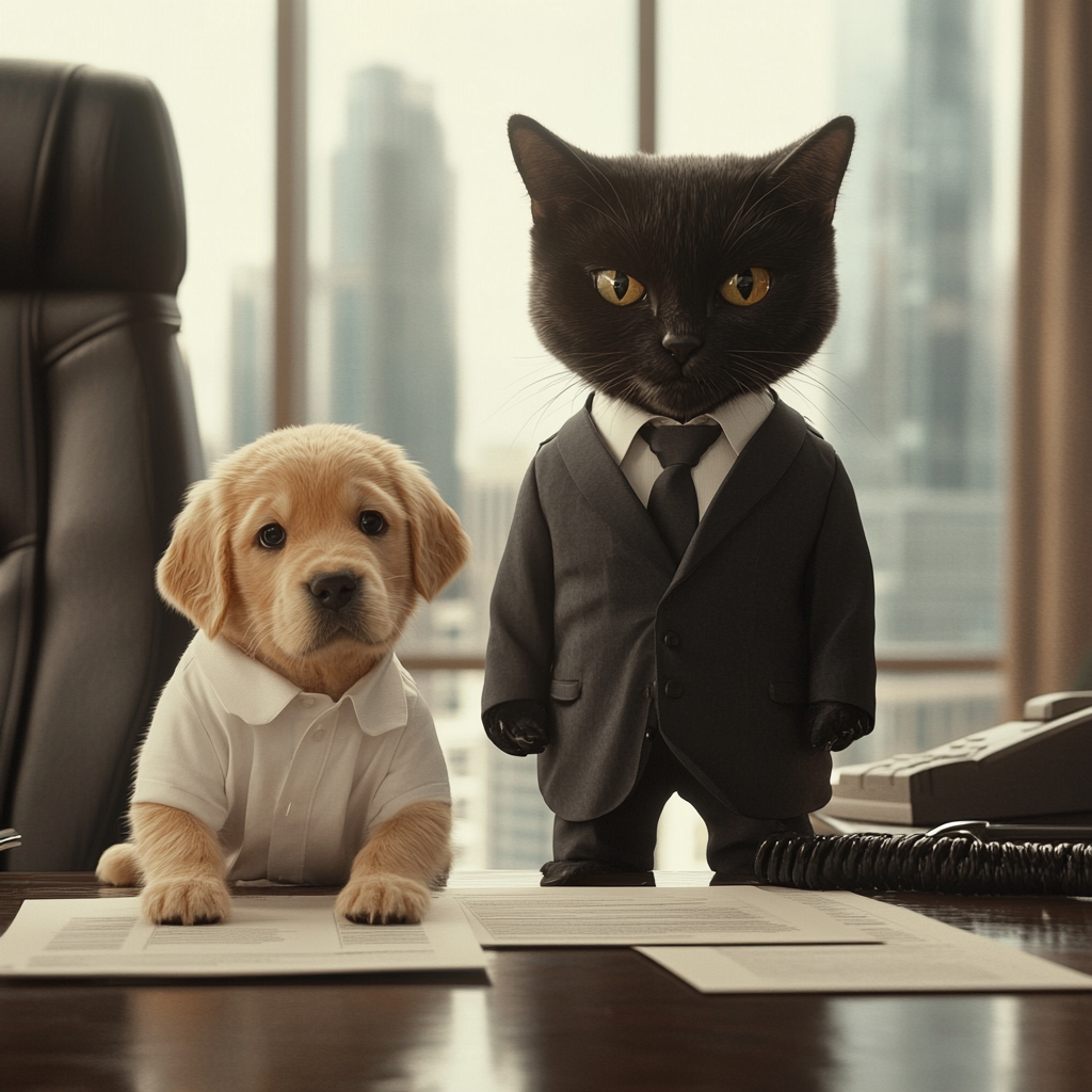 Serious cat fires puppy in dramatic office scene.