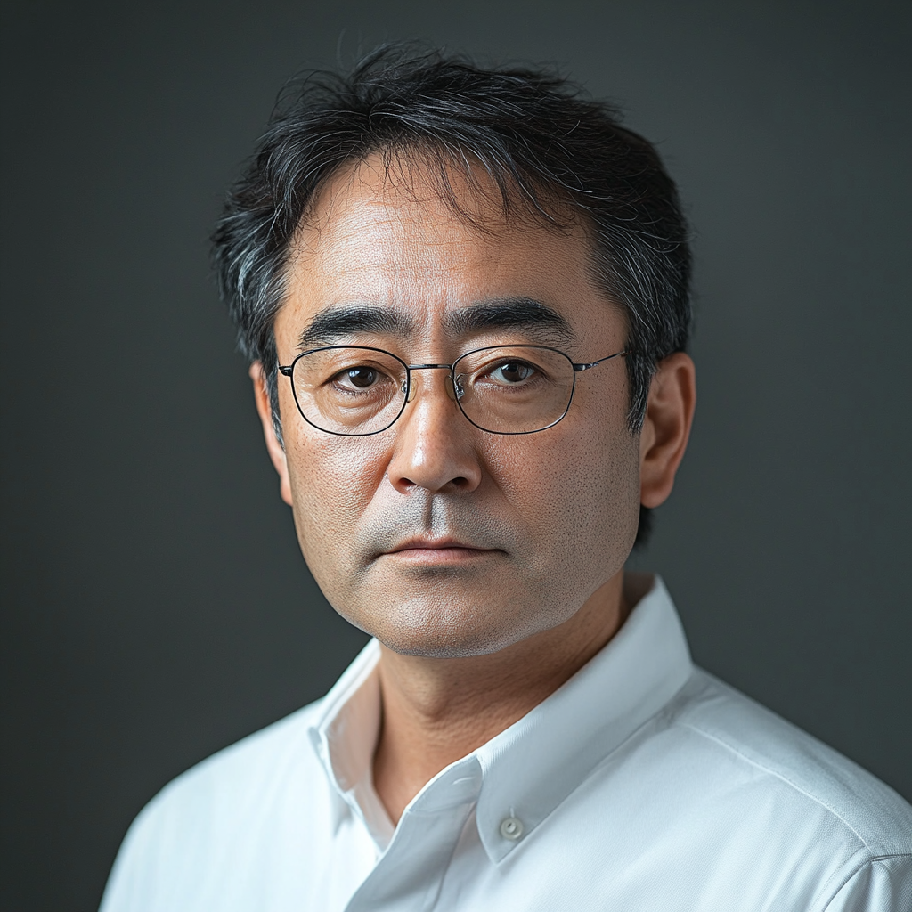 Serious middle-aged Japanese scholar in glasses, white shirt.