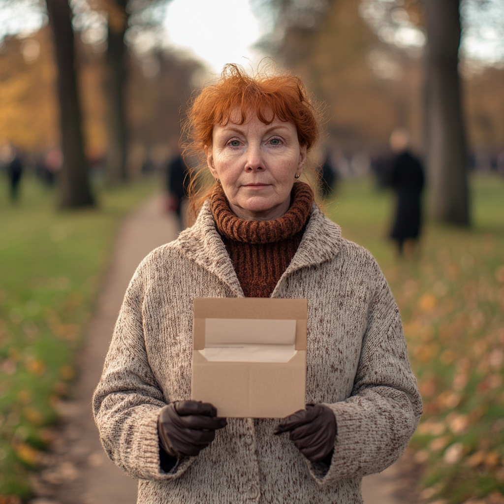 Red-headed woman holding envelope in park