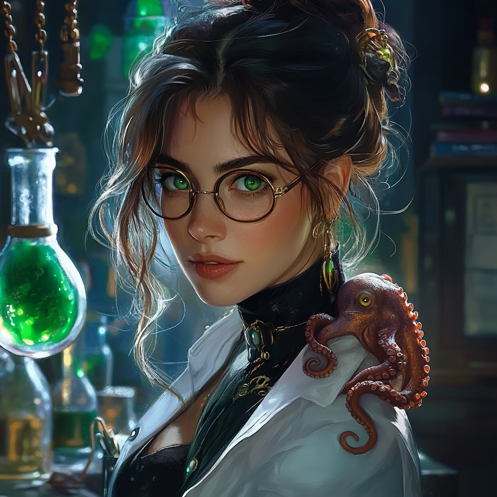 Serious woman with brown hair, green eyes, glasses, octopus.