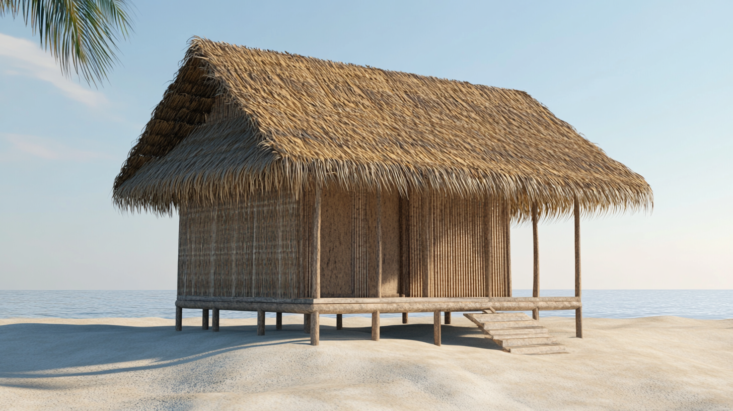 Servant's island hut with sand walls and thatch roof.