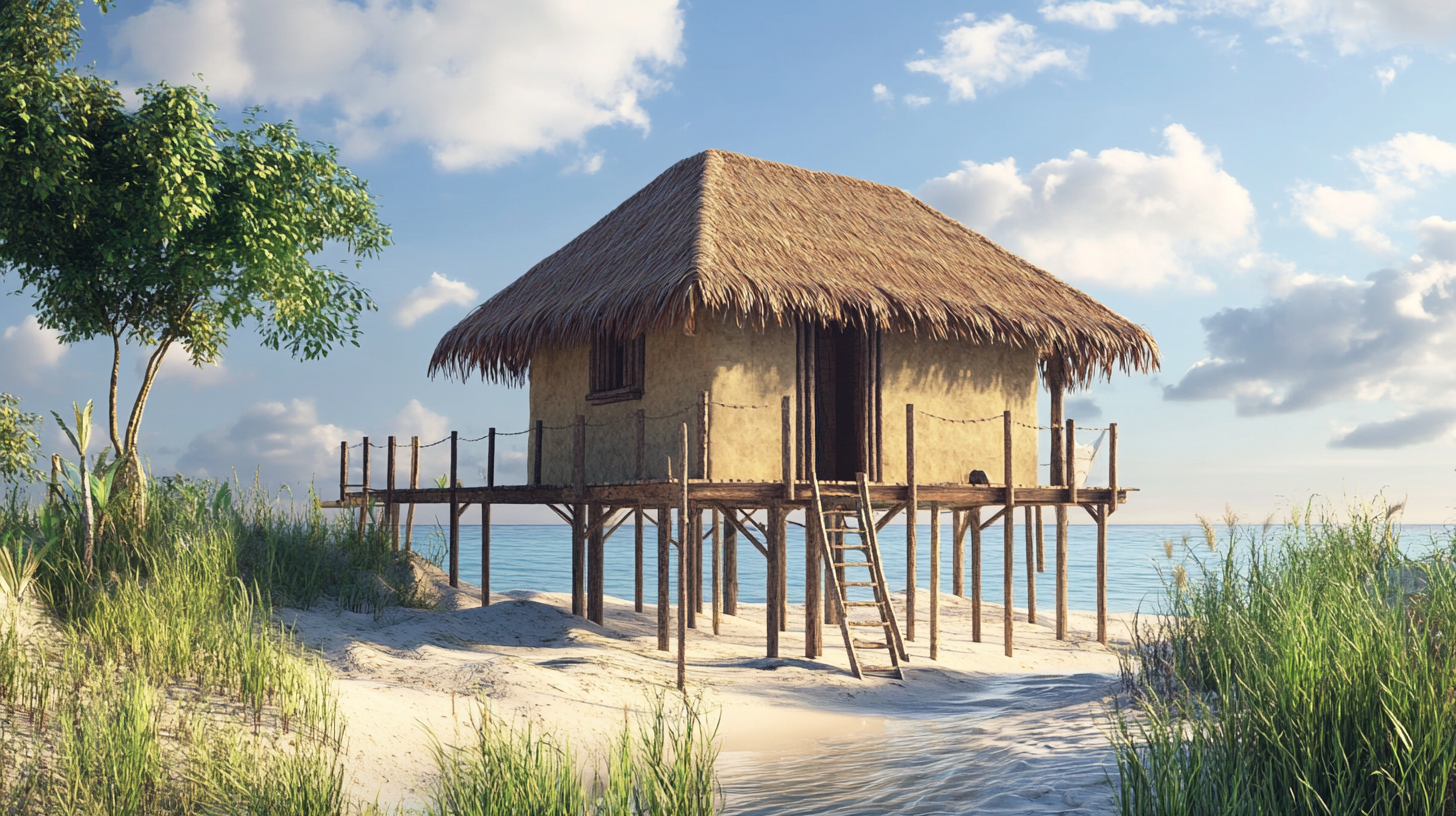 Servant island hut with mud walls and thatch roof.