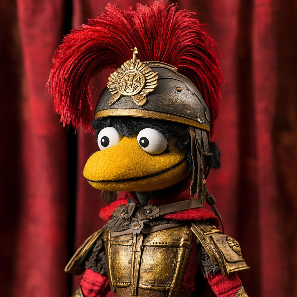 Sesame Street puppet with Spartan armor and helmet.