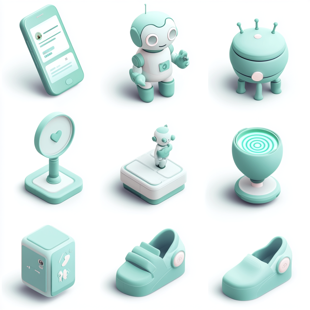 Set of 3D icons for presentation: Restaurant, Robot, Smart Home.