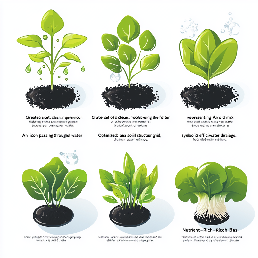 Set of icons on white backgr. Aroid mix features: optimized drainage, nutrient-rich base, moisture retention, aeration boosters, natural ingredients, variegated plants.