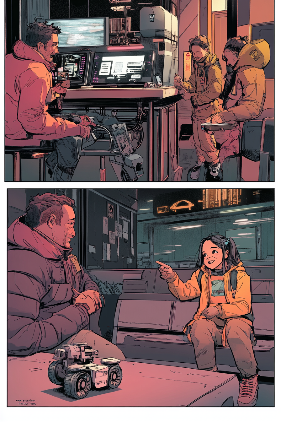 Settlement restaurant scene with adults and child exploring robots.