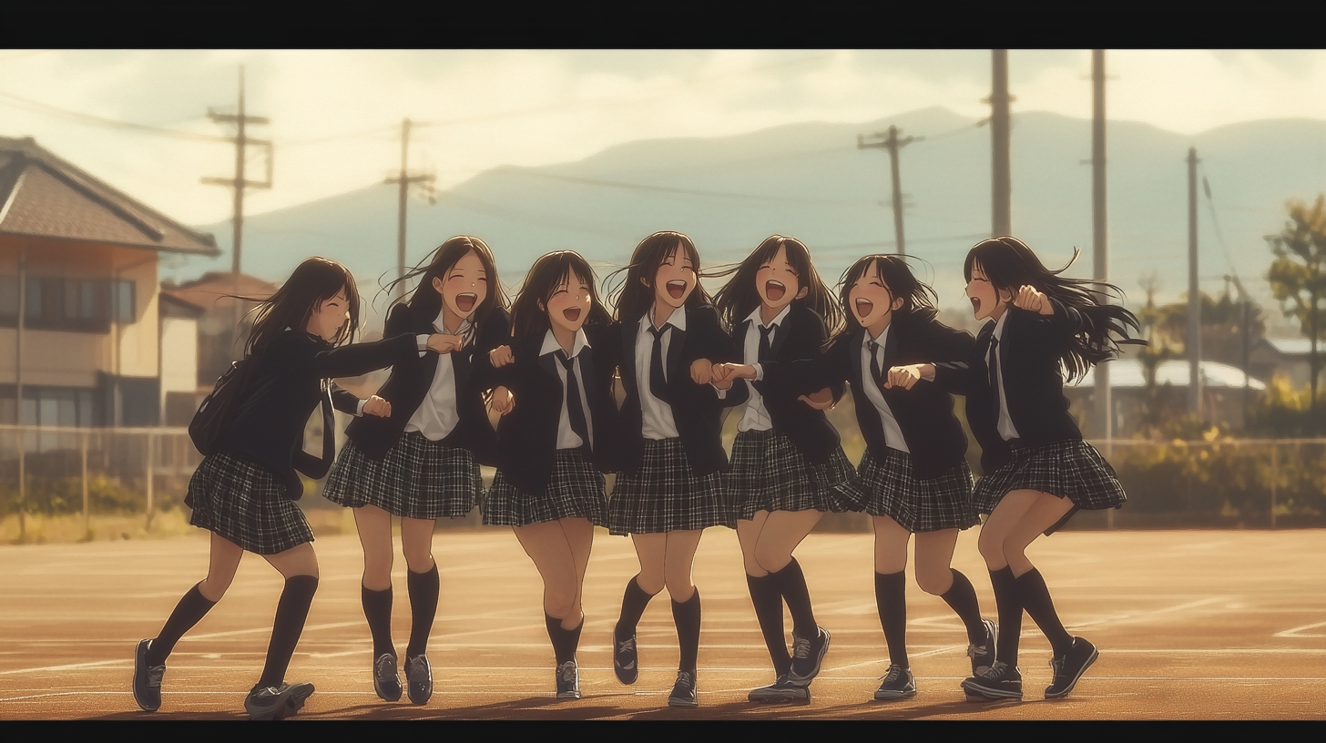 Seven Japanese high school girls in black blazers, skirts, laughing outdoors.